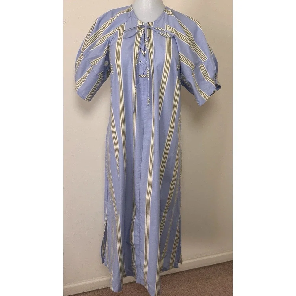 NEW Maeve Short Sleeve Crossover V-Neck Midi Dress Striped Petite Small Blue - Picture 2 of 12